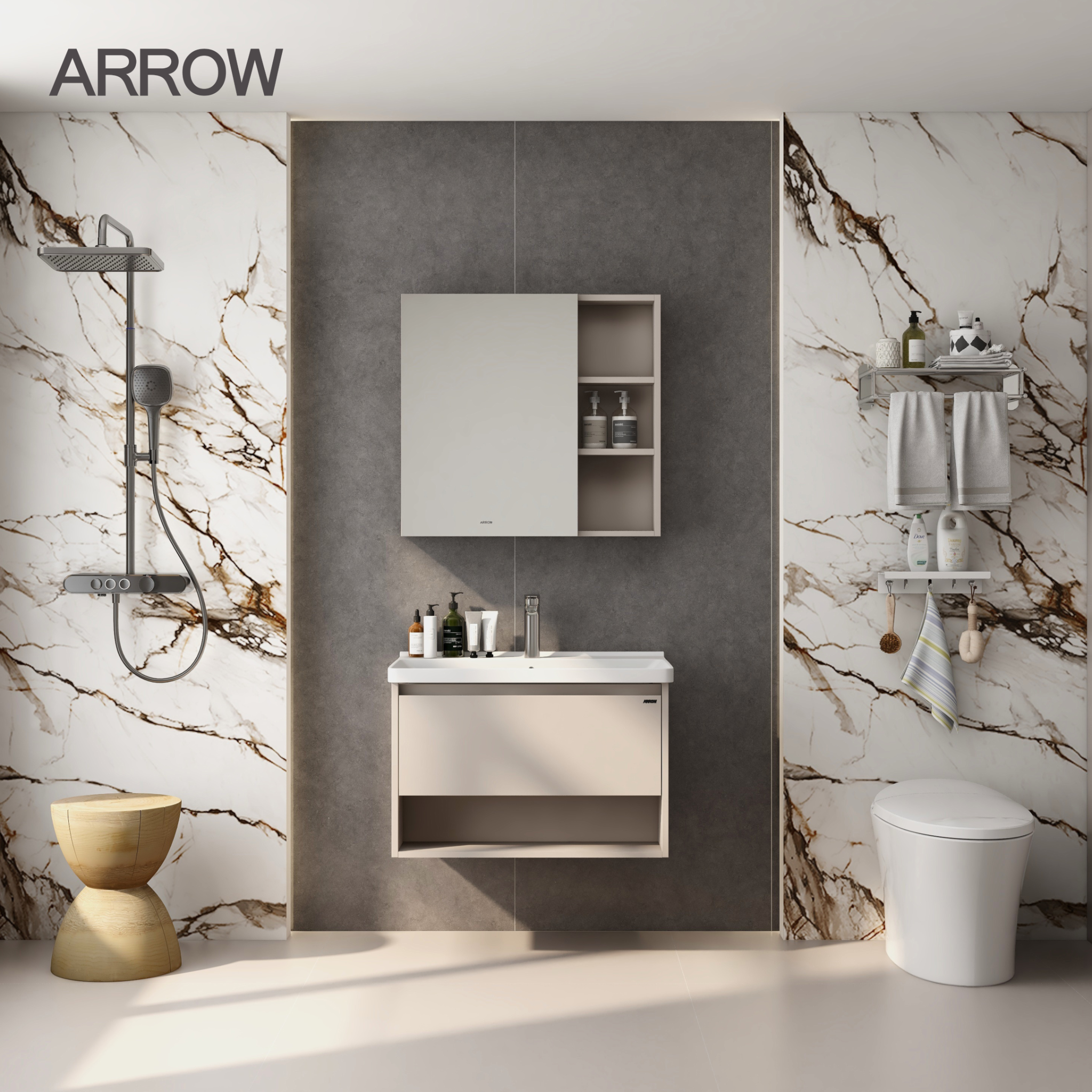 Bộ Tủ Lavabo Arrow ADGU9G3259-F1 Bộ Tủ Lavabo Arrow ADGU9G3259-F/AP3259 và Tủ Gương Arrow AMJU9G3259-F thiết kế hiện đại, chất liệu cao cấp chống ẩm, tích hợp gương soi tiện lợi. Kiểu dáng sang trọng, phù hợp cho phòng tắm gia đình, mang lại không gian gọn gàng và thẩm mỹ