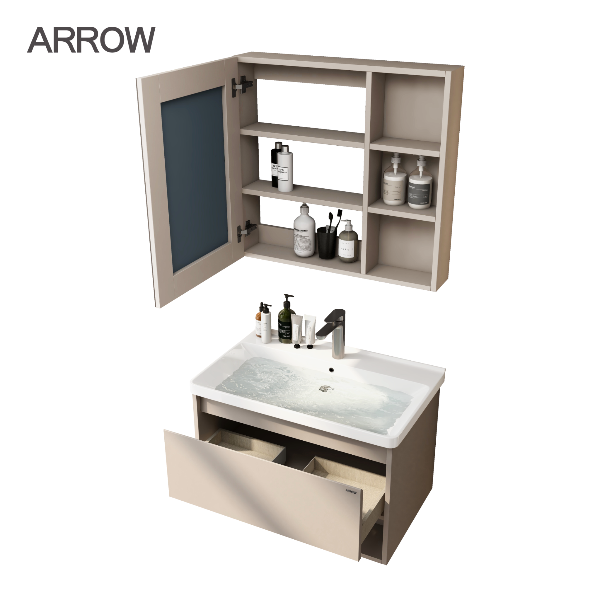 Bộ Tủ Lavabo Arrow ADGU9G3259-F2 Bộ Tủ Lavabo Arrow ADGU9G3259-F/AP3259 và Tủ Gương Arrow AMJU9G3259-F thiết kế hiện đại, chất liệu cao cấp chống ẩm, tích hợp gương soi tiện lợi. Kiểu dáng sang trọng, phù hợp cho phòng tắm gia đình, mang lại không gian gọn gàng và thẩm mỹ